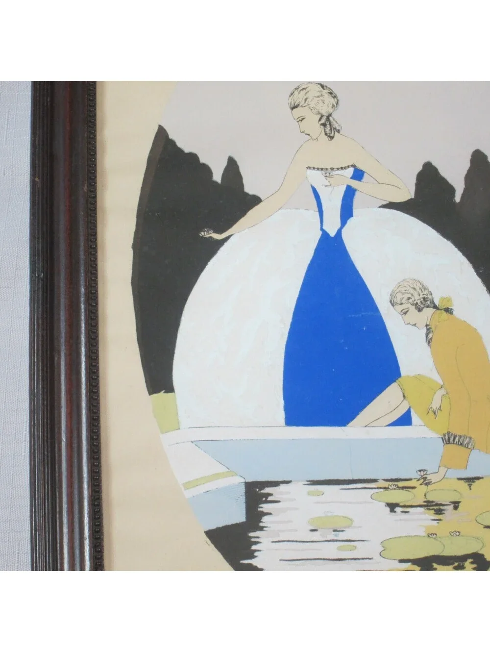 French Woodblock Art Print 1780s Fashion Lady Blue Dress Man Yellow Framed Glass